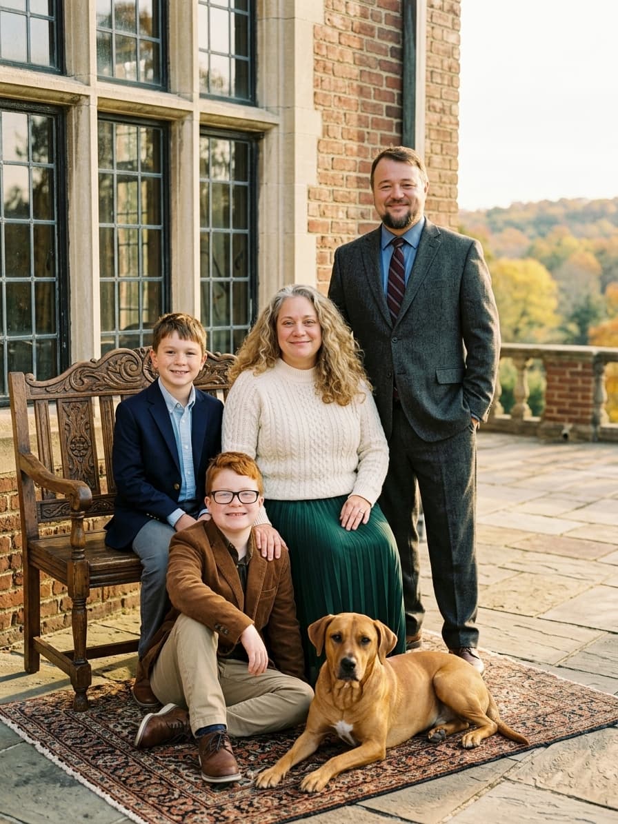 Our founder's own family and dog, composed into one Legacy House Portraits commission from those separate photos