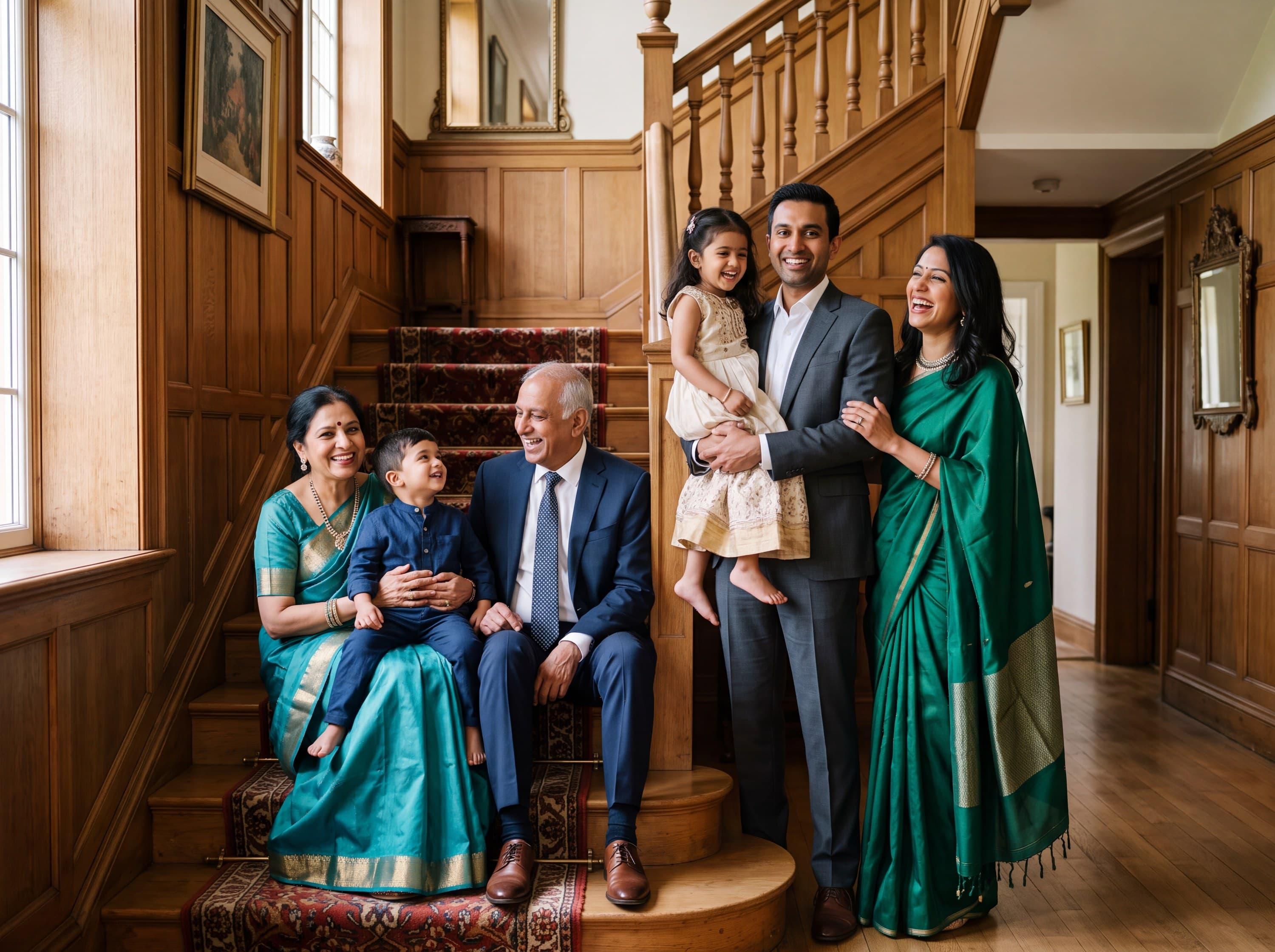 Example Generations portrait: three generations on the staircase of a panelled hall