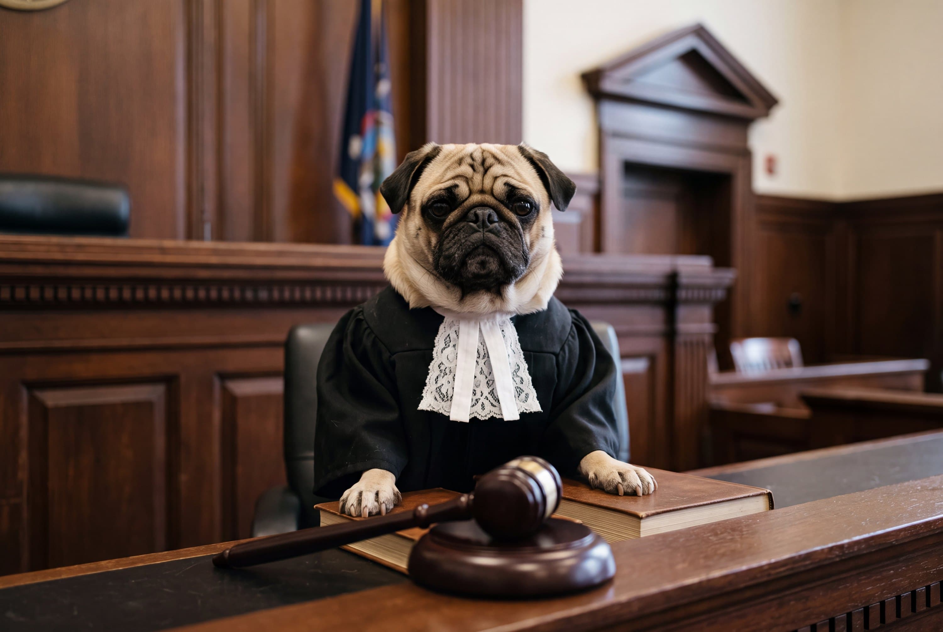 A real Pug, photorealistically rendered as a courtroom judge with a gavel