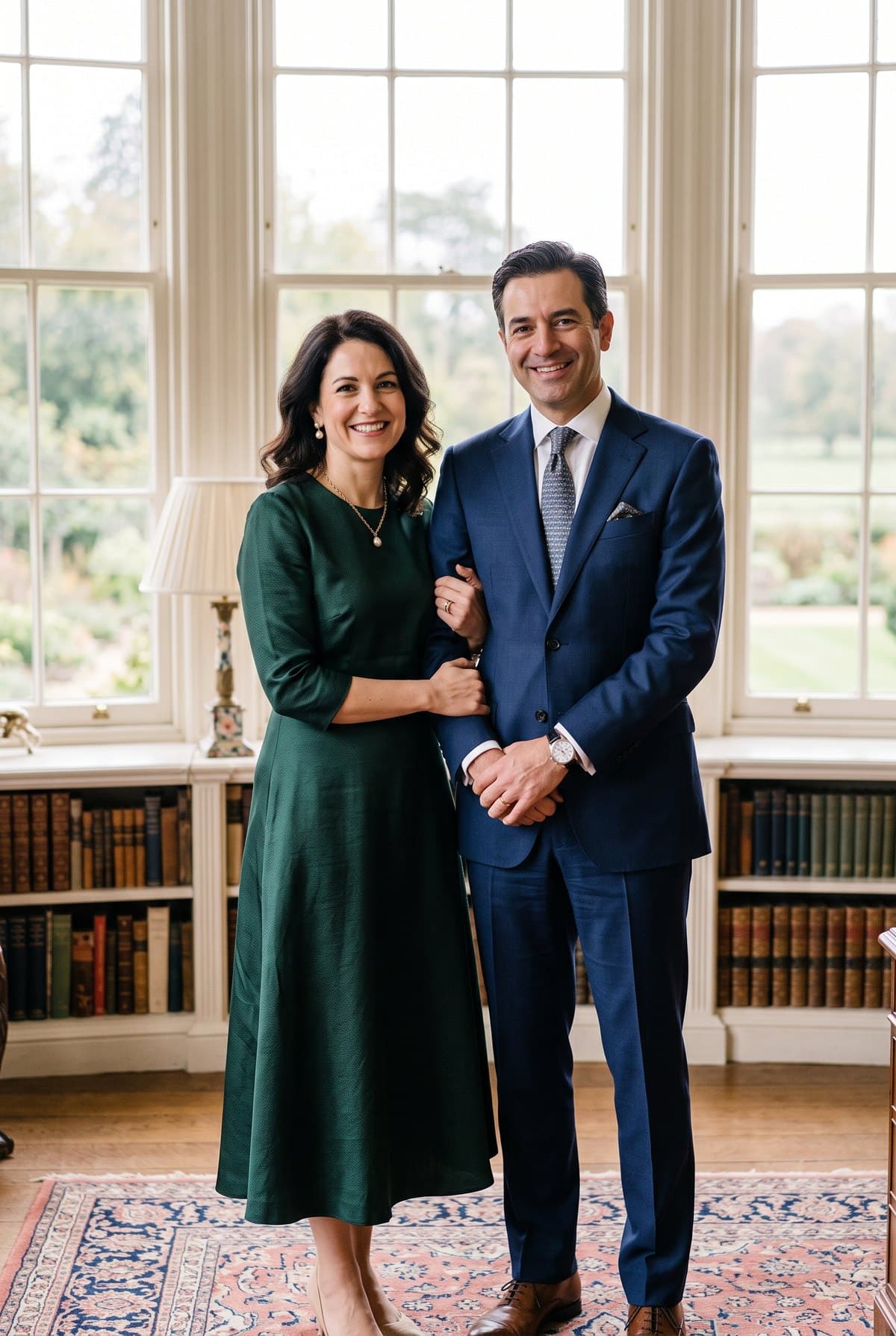 Example Estate Couple portrait: a married couple before tall windows