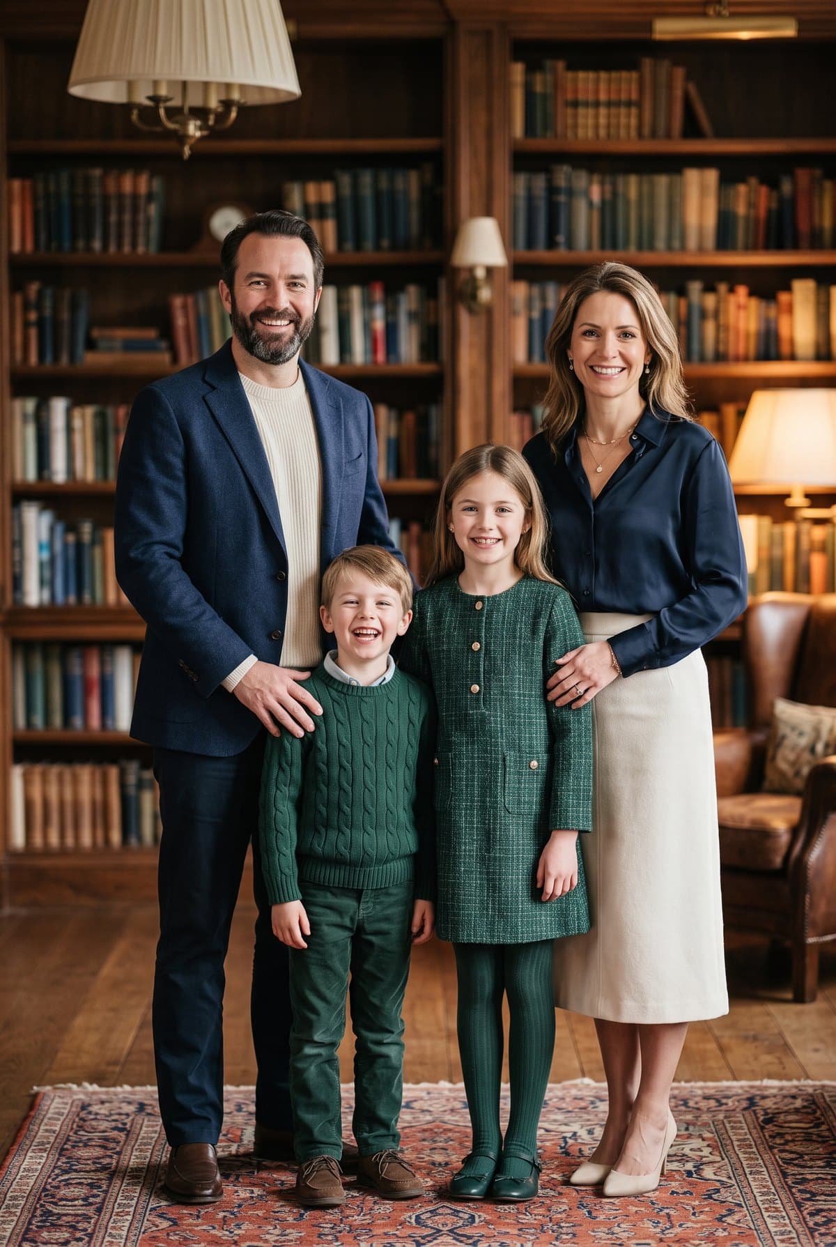 Example Legacy Family portrait: a family of four in a warm library