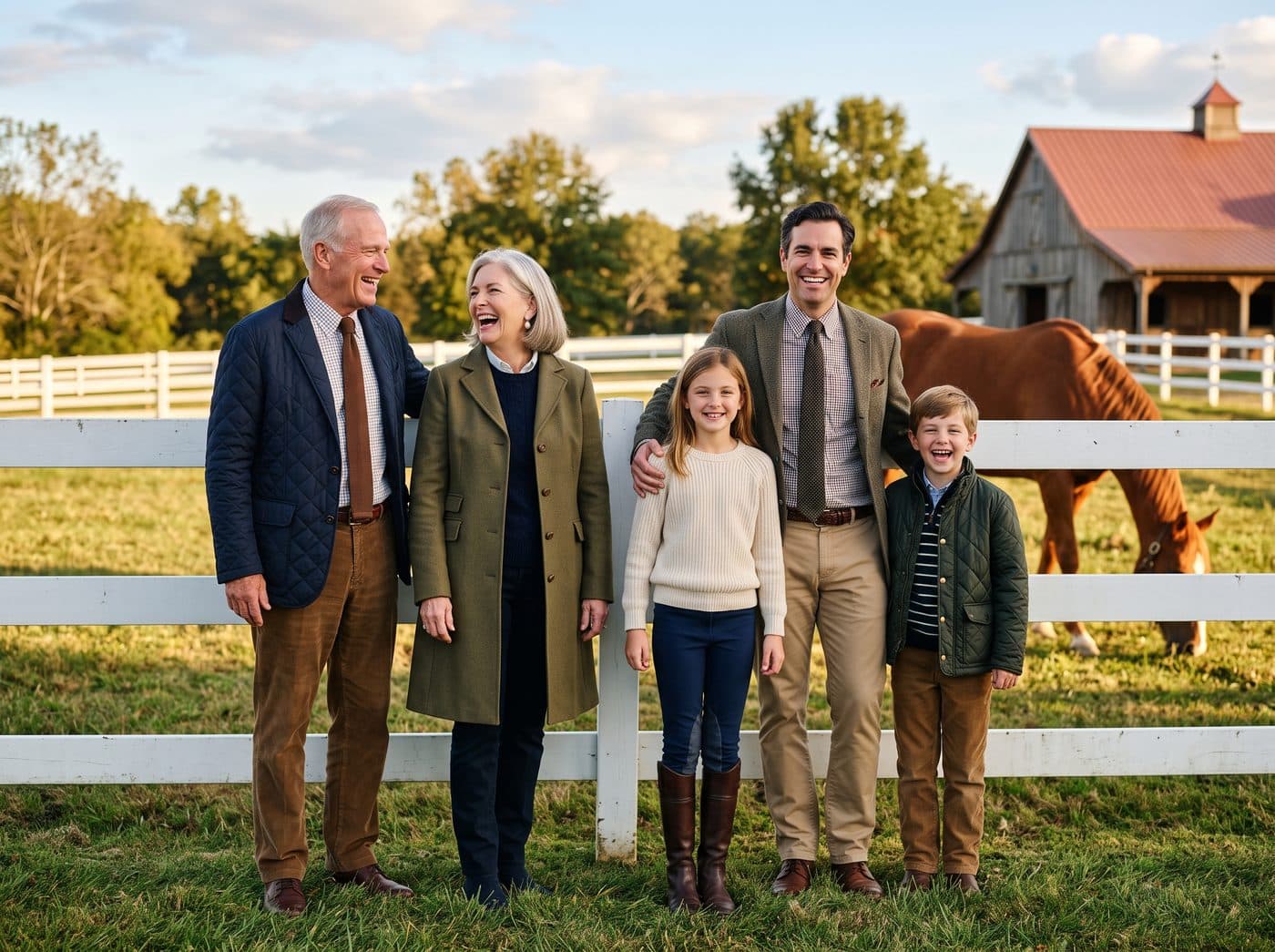 Example portrait of several generations of a family, photographed with their horses