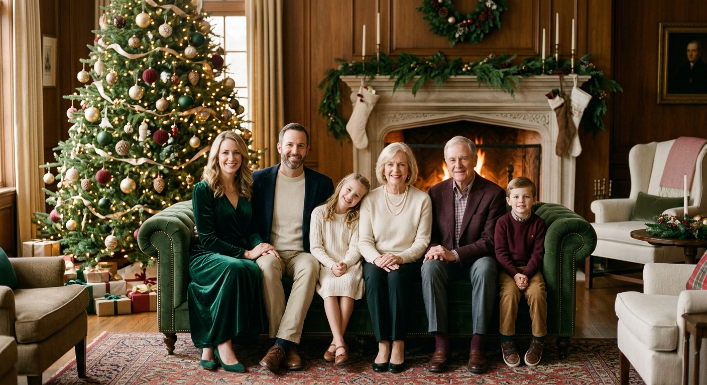 Example Christmas card artwork: three generations of a family on a sofa beside a lit tree