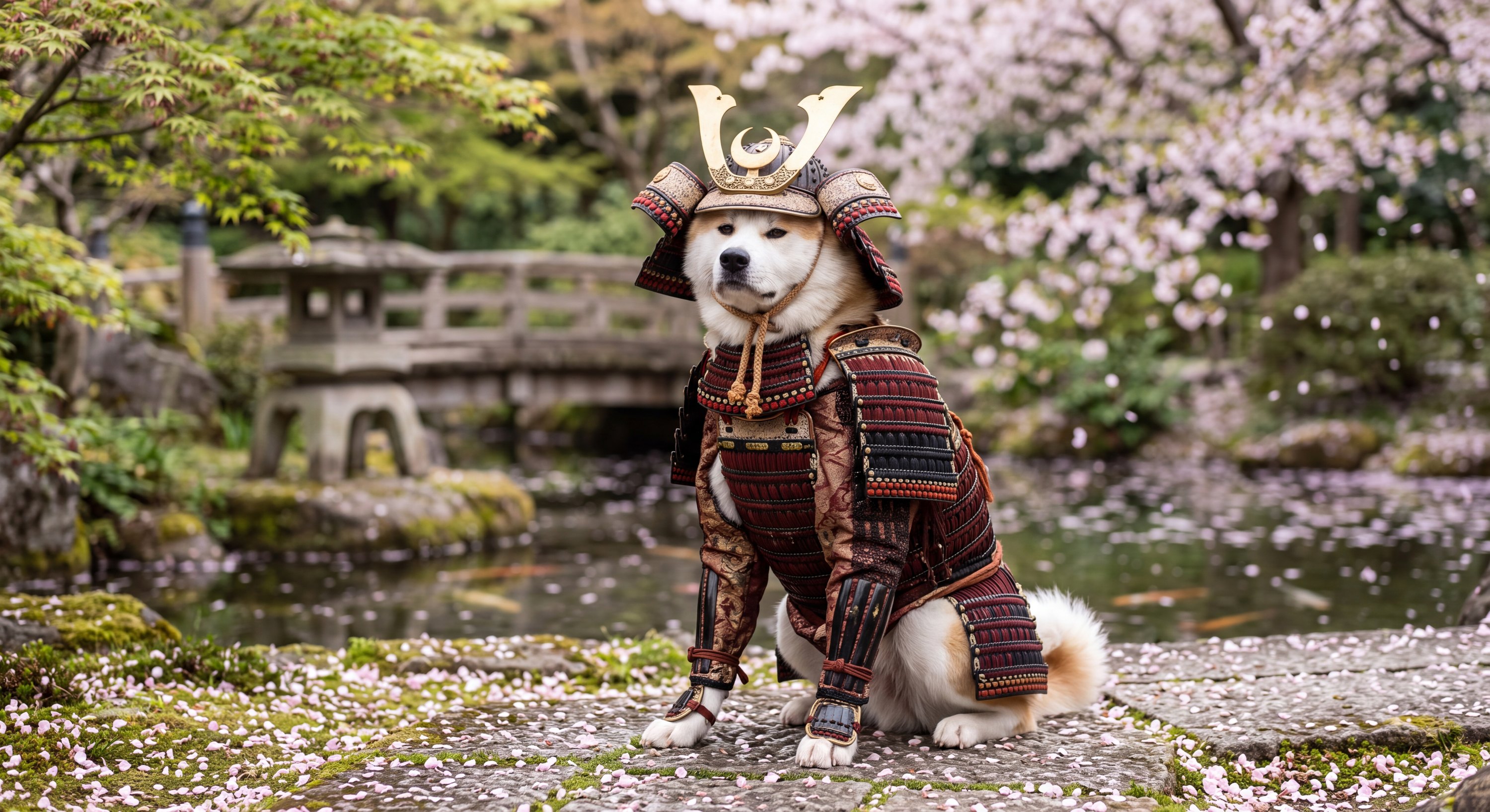 A real dog or cat, photorealistically rendered in the Knight & Samurai costume
