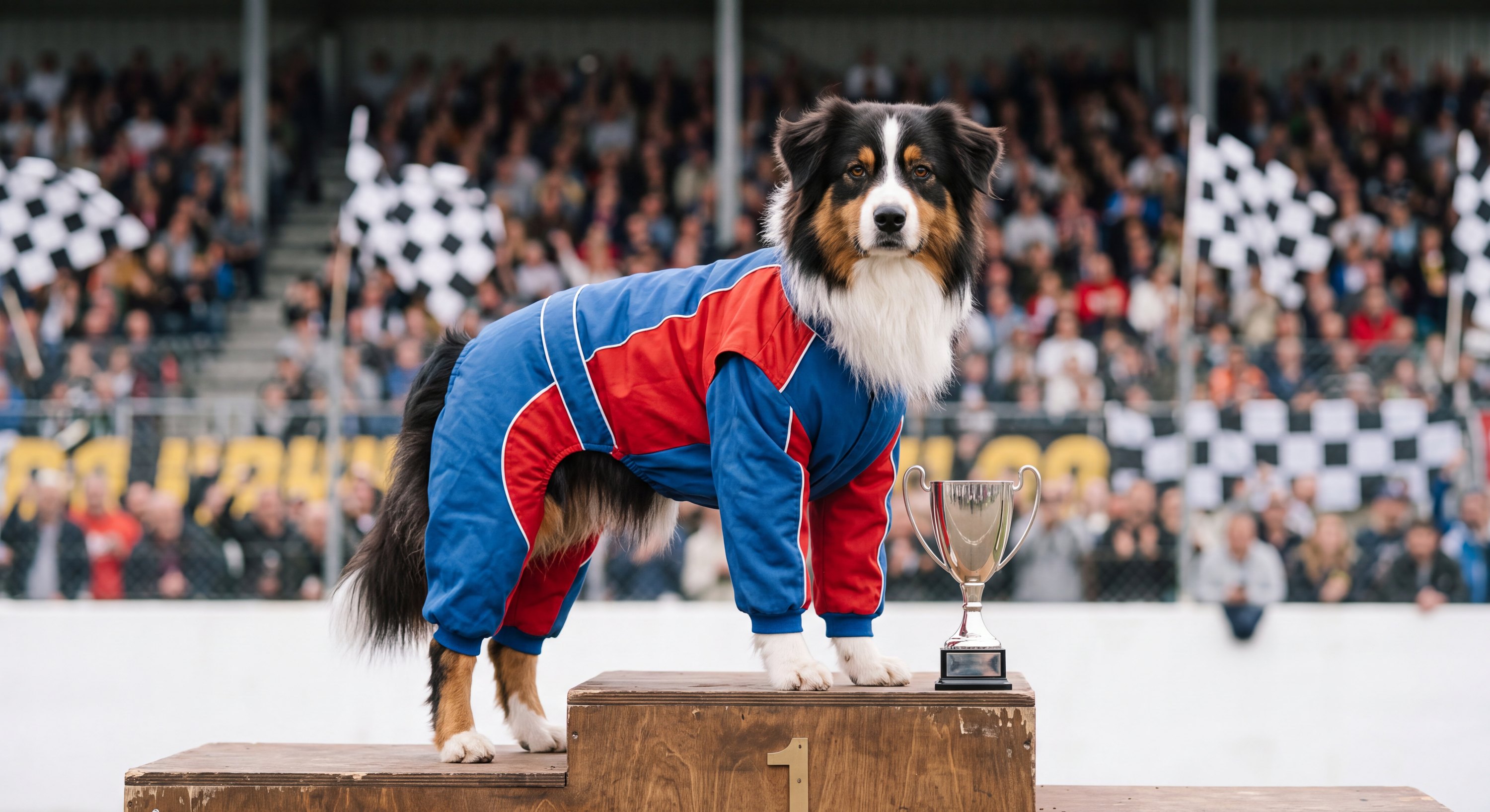 A real dog or cat, photorealistically rendered in the Grand Prix Champion costume