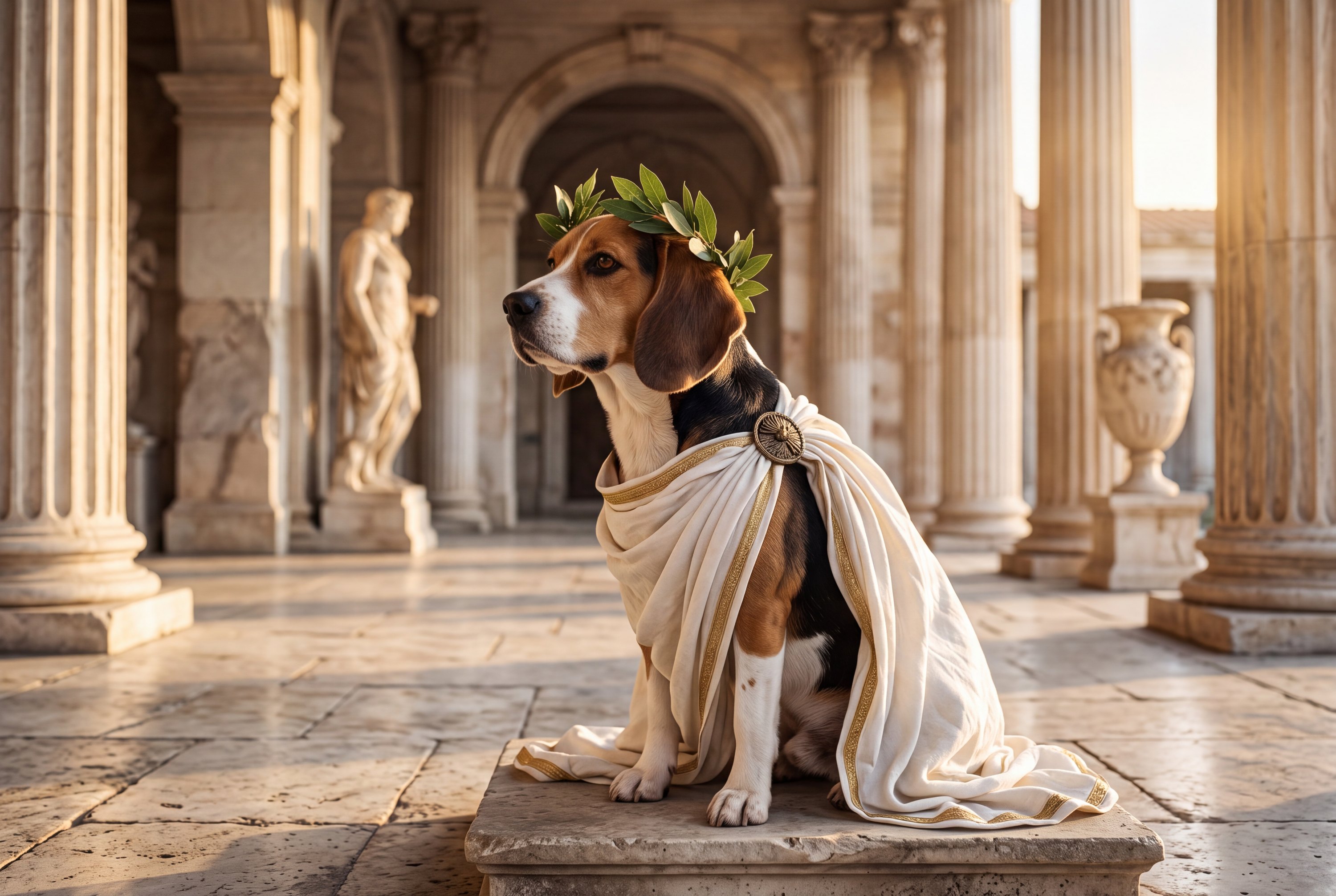 A real dog or cat, photorealistically rendered in the Greco-Roman costume
