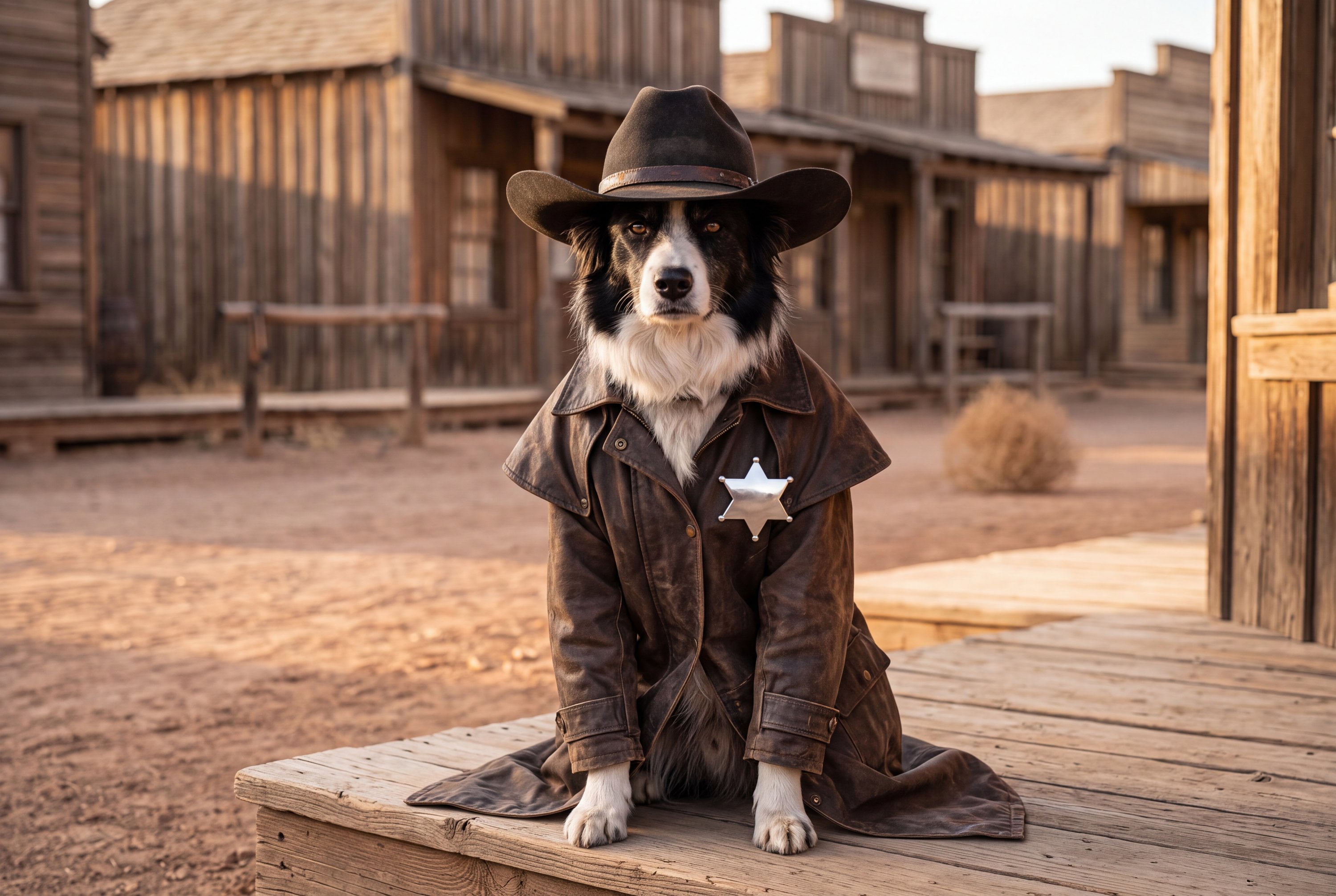 A real dog or cat, photorealistically rendered in the Wild West Sheriff costume