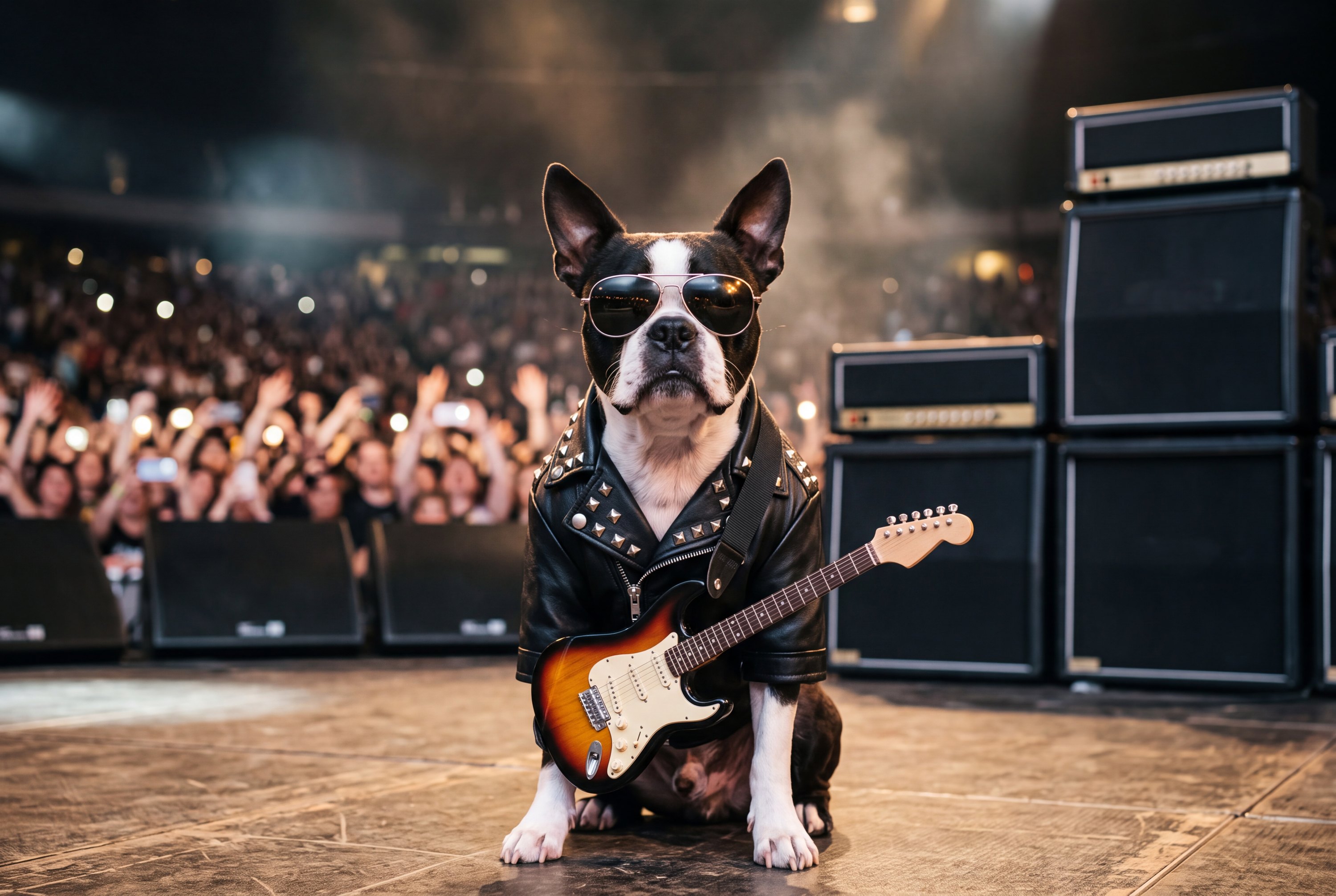 A real dog or cat, photorealistically rendered in the Rock Legend costume