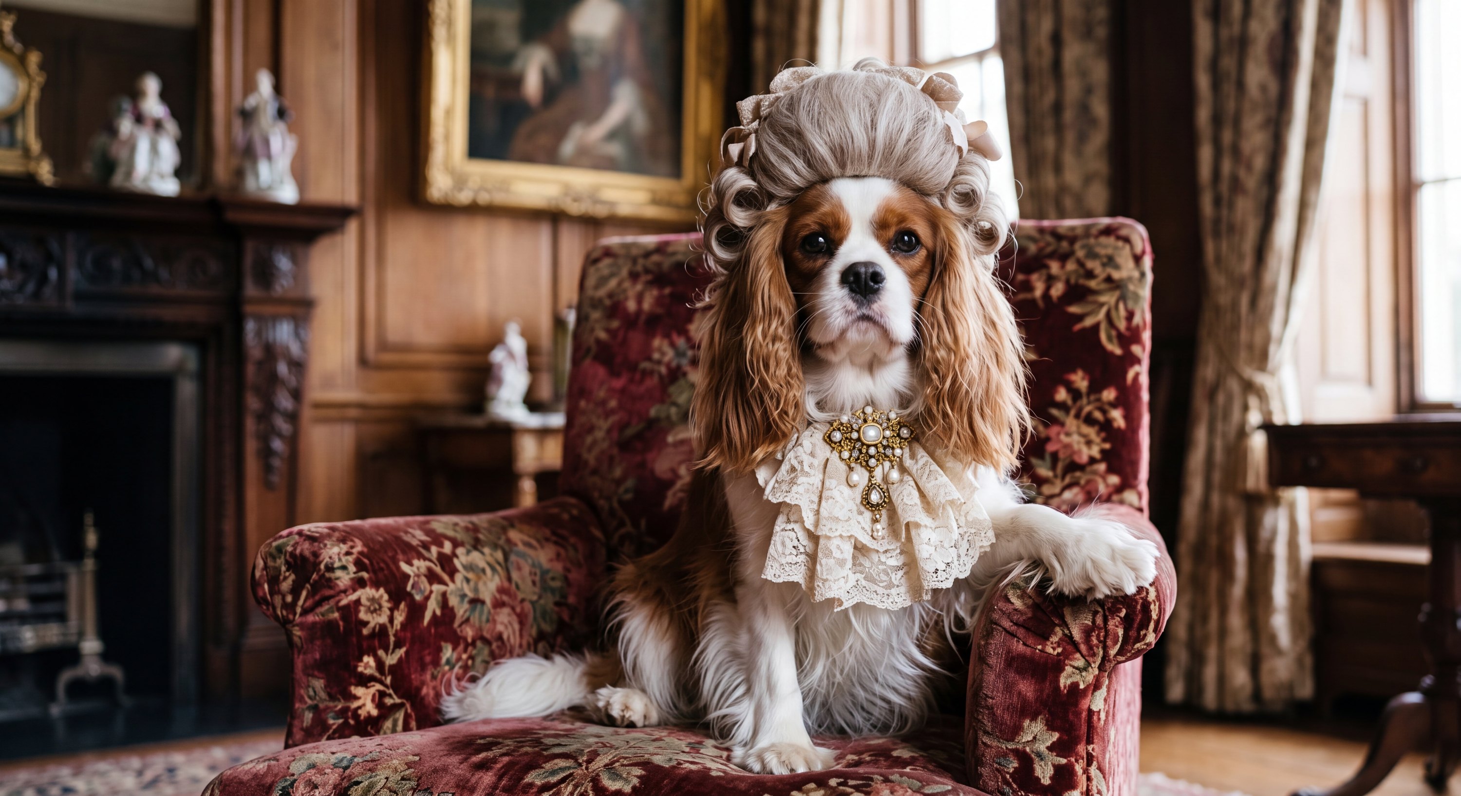 A real dog or cat, photorealistically rendered in the Victorian Noble costume