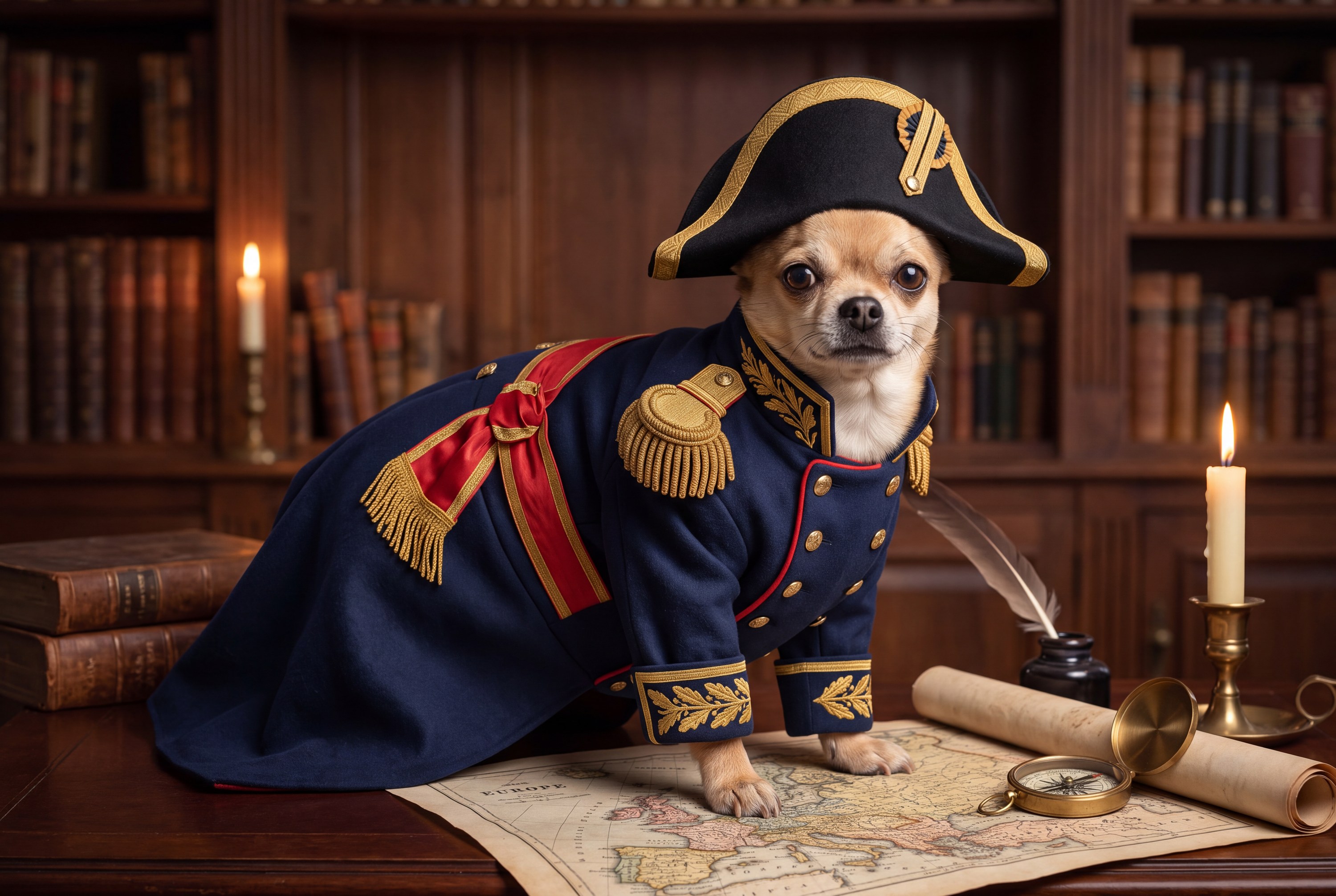 A real dog or cat, photorealistically rendered in the Napoleonic General costume