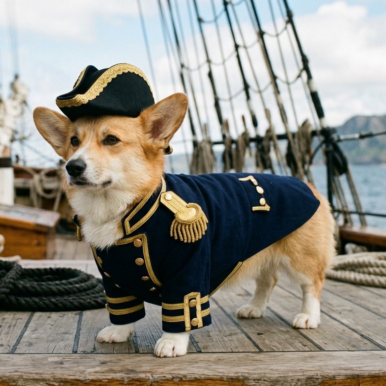 A real dog or cat, photorealistically rendered in the Naval Admiral costume