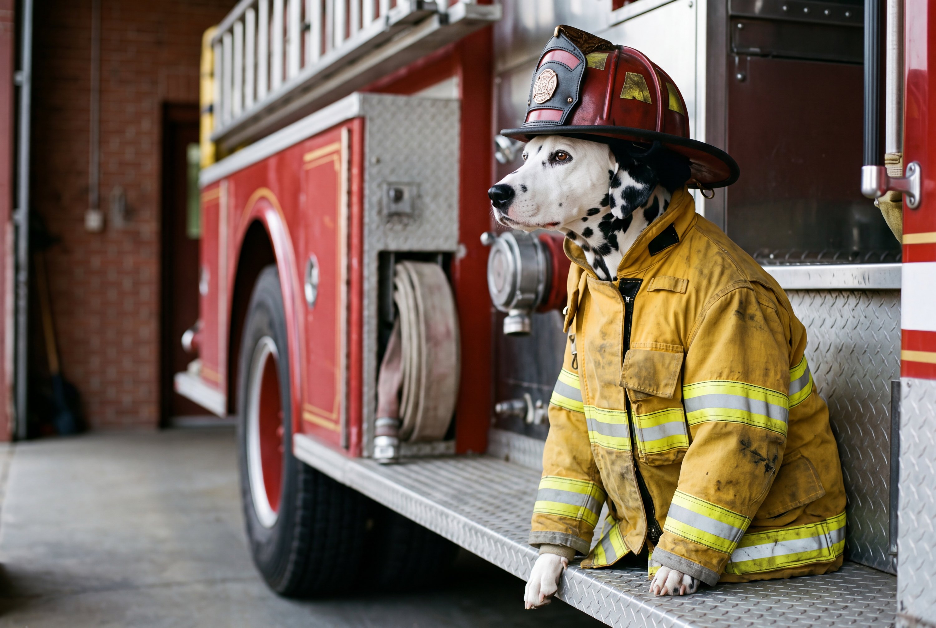 A real dog or cat, photorealistically rendered in the Veteran Firefighter costume