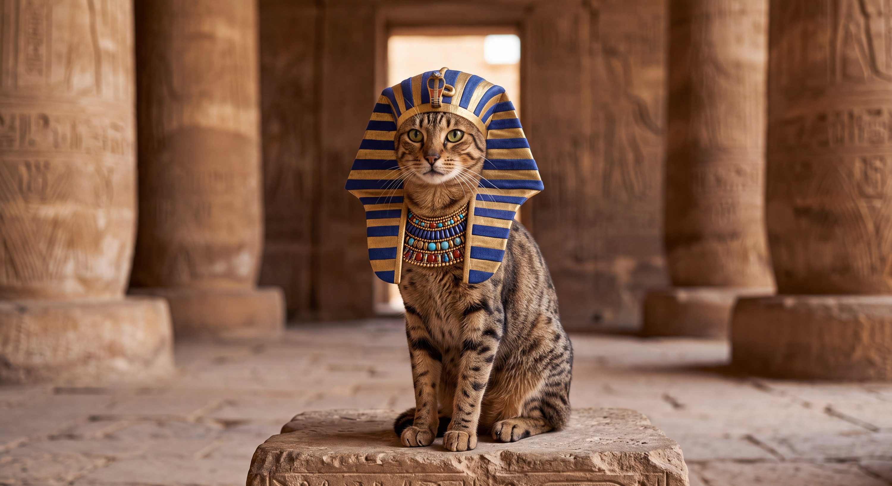 A real dog or cat, photorealistically rendered in the Egyptian Pharaoh costume