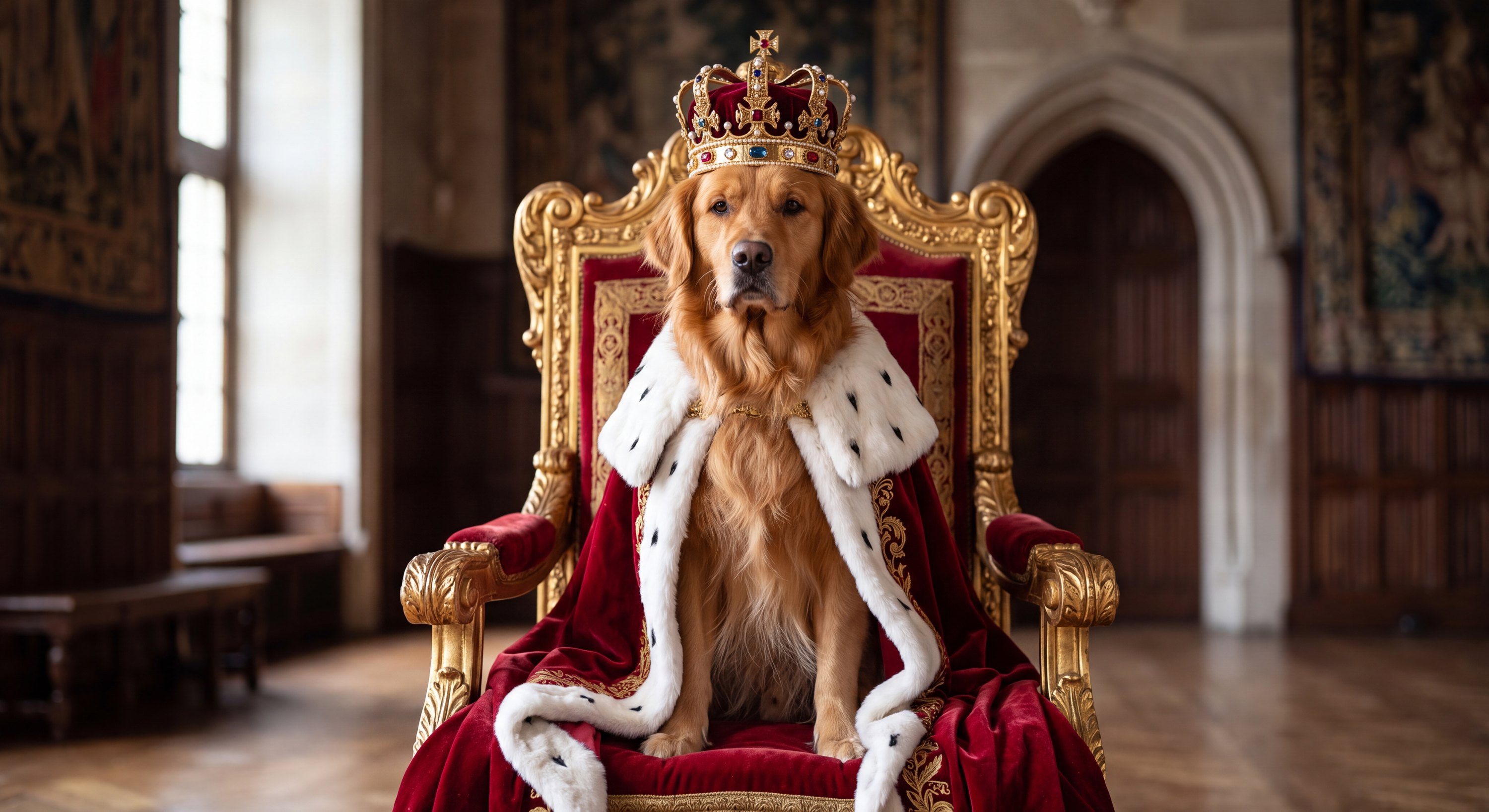 A real dog or cat, photorealistically rendered in the Royal Regalia costume