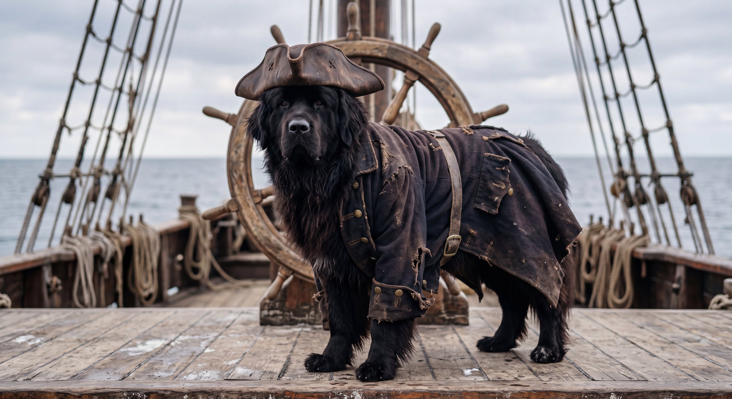 A real dog or cat, photorealistically rendered in the Pirate Captain costume