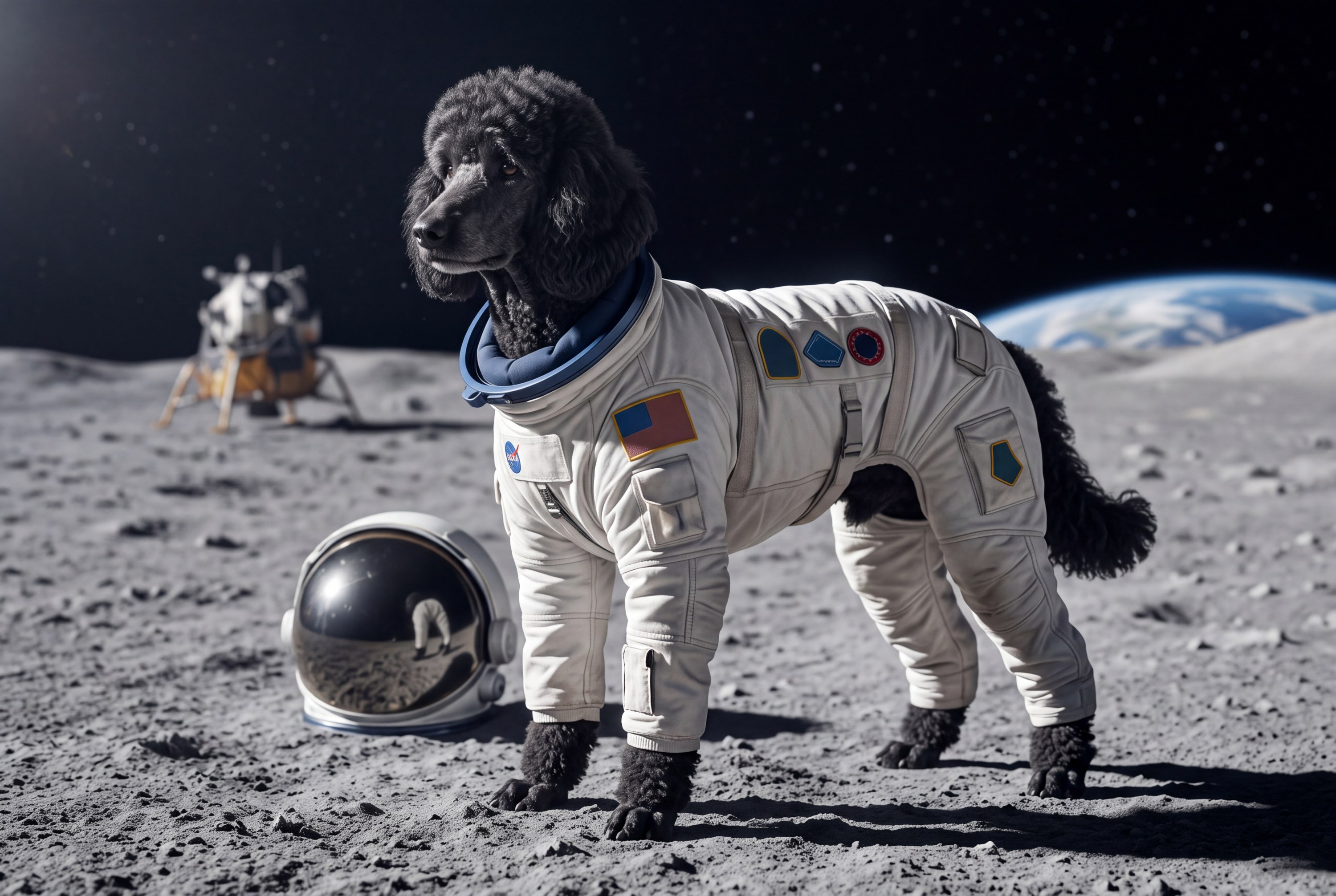 A real dog or cat, photorealistically rendered in the Space Commander costume
