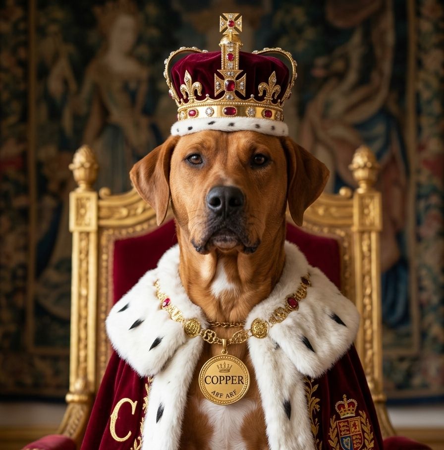 Copper, a real dog, photorealistically rendered in a crown and ermine-trimmed robe