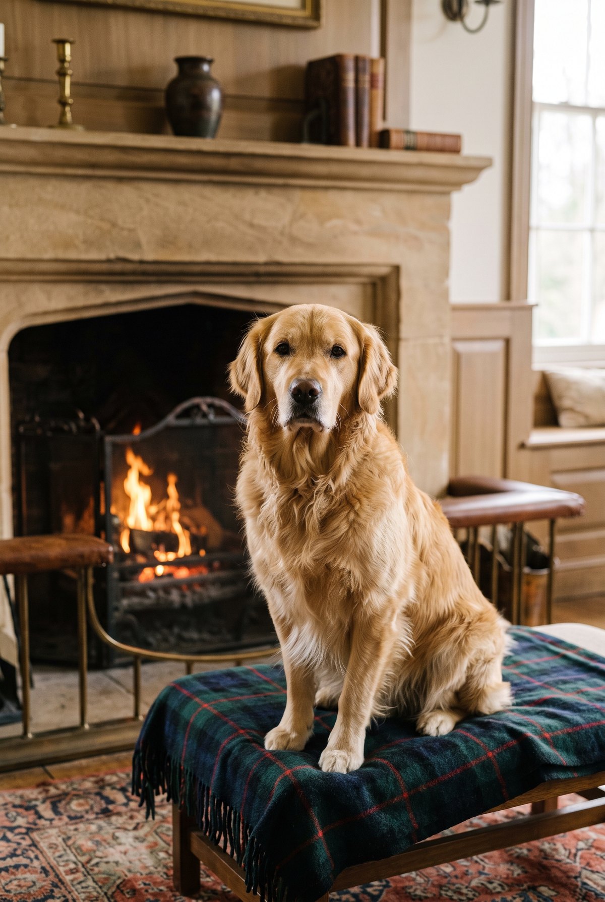 Example Distinguished Companion portrait: a golden retriever by a fireplace, shown as a digital portrait