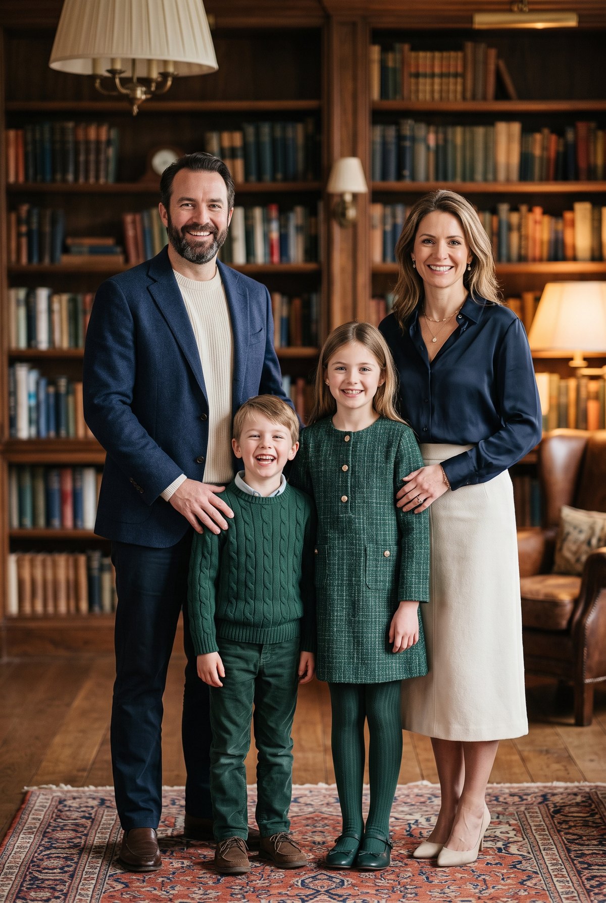 Example Legacy Family portrait: a family of four in a warm library